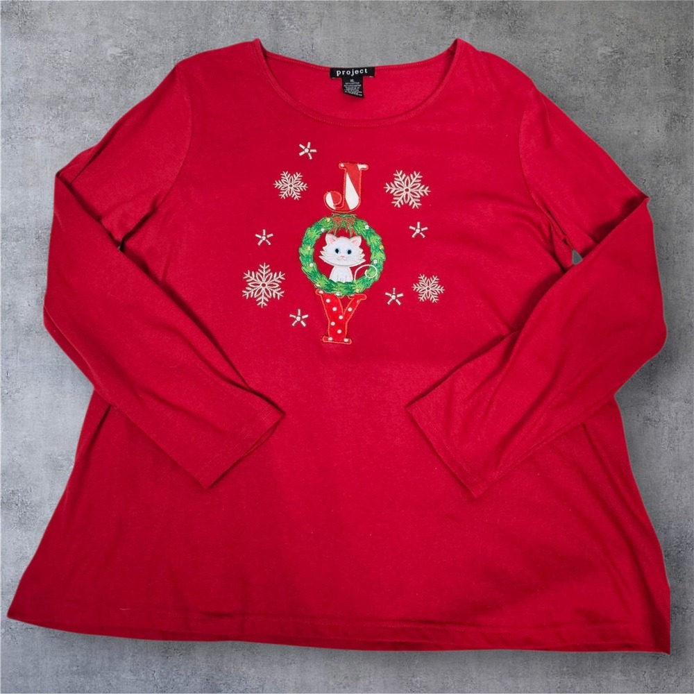Project Red Long Sleeve Cat Christmas "JOY" Graphic T Shirt Women's XL V17